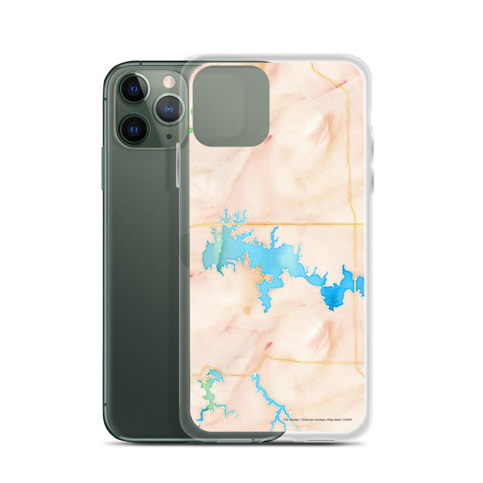 Custom Crab Orchard Lake Illinois Map Phone Case in Watercolor on Table with Laptop and Plant