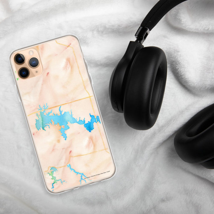 Custom Crab Orchard Lake Illinois Map Phone Case in Watercolor on Table with Black Headphones