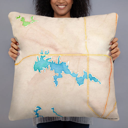Person holding 22x22 Custom Crab Orchard Lake Illinois Map Throw Pillow in Watercolor