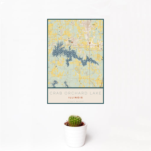12x18 Crab Orchard Lake Illinois Map Print Portrait Orientation in Woodblock Style With Small Cactus Plant in White Planter