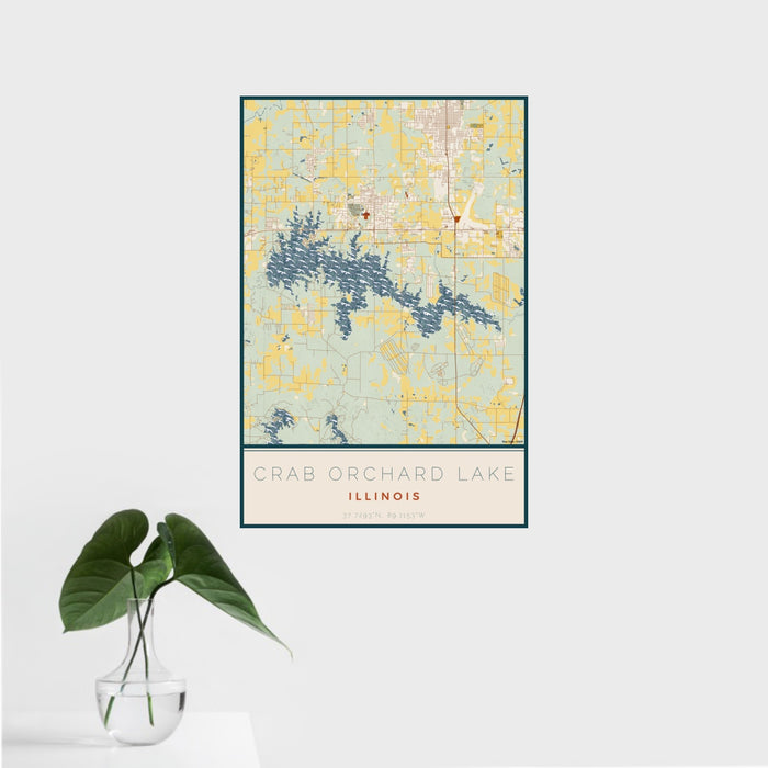 16x24 Crab Orchard Lake Illinois Map Print Portrait Orientation in Woodblock Style With Tropical Plant Leaves in Water