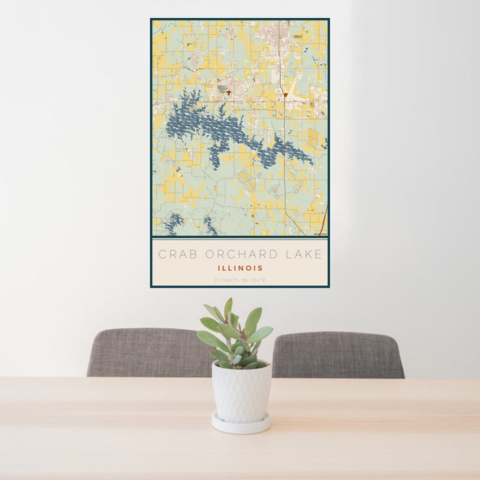 24x36 Crab Orchard Lake Illinois Map Print Portrait Orientation in Woodblock Style Behind 2 Chairs Table and Potted Plant