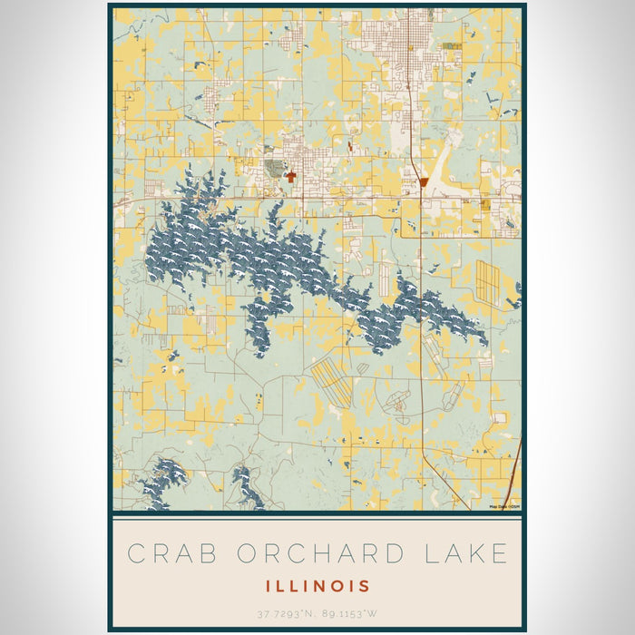 Crab Orchard Lake Illinois Map Print Portrait Orientation in Woodblock Style With Shaded Background