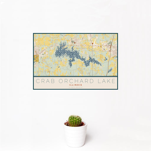 12x18 Crab Orchard Lake Illinois Map Print Landscape Orientation in Woodblock Style With Small Cactus Plant in White Planter