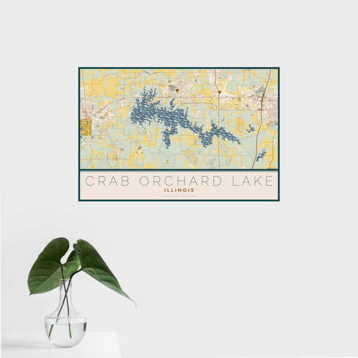 16x24 Crab Orchard Lake Illinois Map Print Landscape Orientation in Woodblock Style With Tropical Plant Leaves in Water