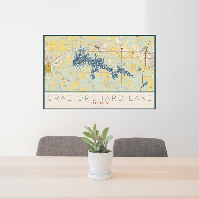 24x36 Crab Orchard Lake Illinois Map Print Landscape Orientation in Woodblock Style Behind 2 Chairs Table and Potted Plant