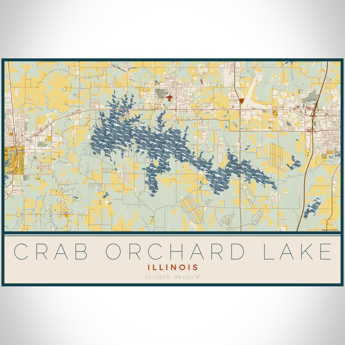 Crab Orchard Lake Illinois Map Print Landscape Orientation in Woodblock Style With Shaded Background