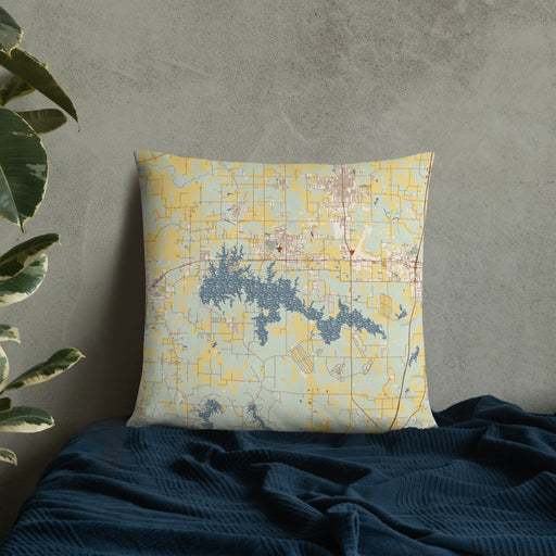 Custom Crab Orchard Lake Illinois Map Throw Pillow in Woodblock on Bedding Against Wall