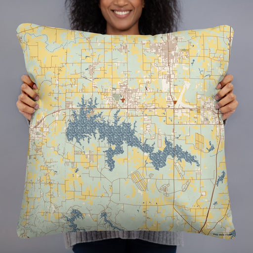 Person holding 22x22 Custom Crab Orchard Lake Illinois Map Throw Pillow in Woodblock