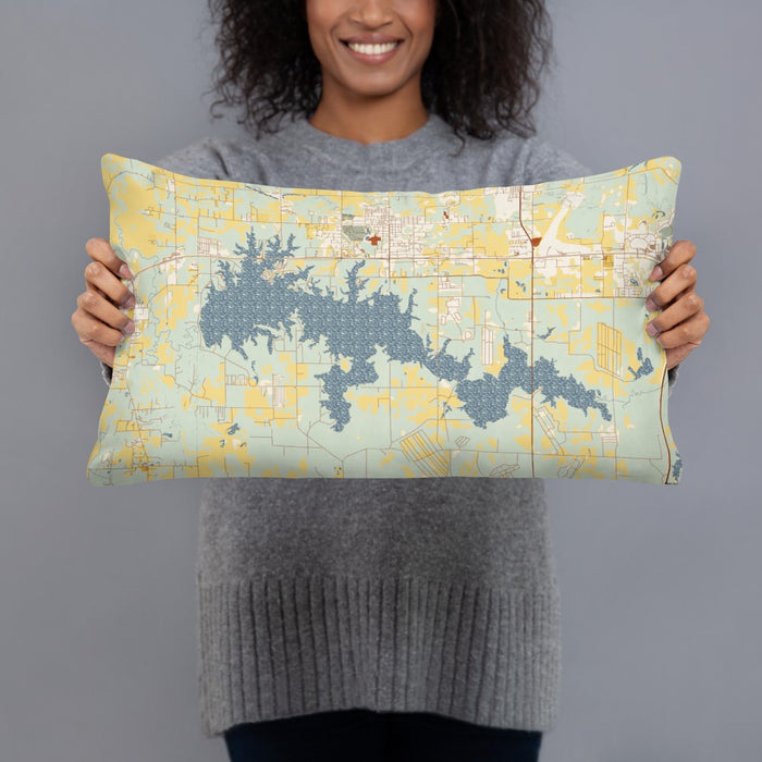 Person holding 20x12 Custom Crab Orchard Lake Illinois Map Throw Pillow in Woodblock