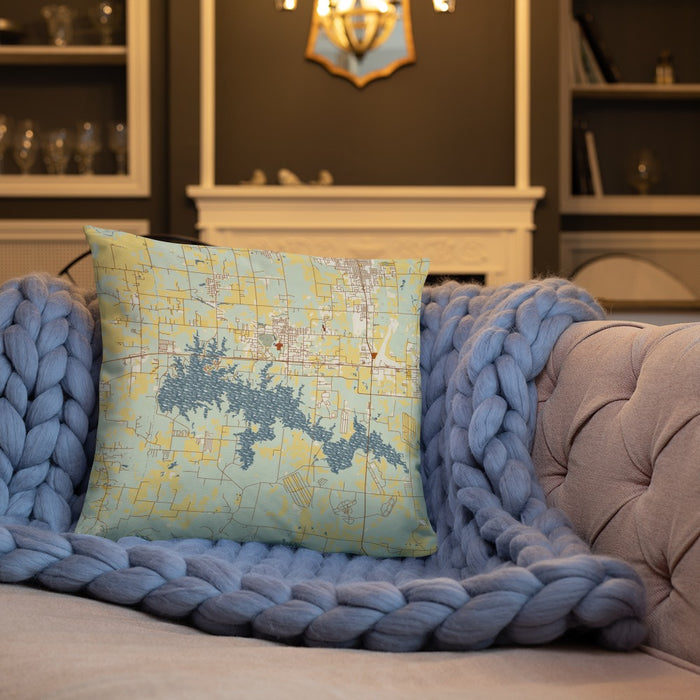Custom Crab Orchard Lake Illinois Map Throw Pillow in Woodblock on Cream Colored Couch