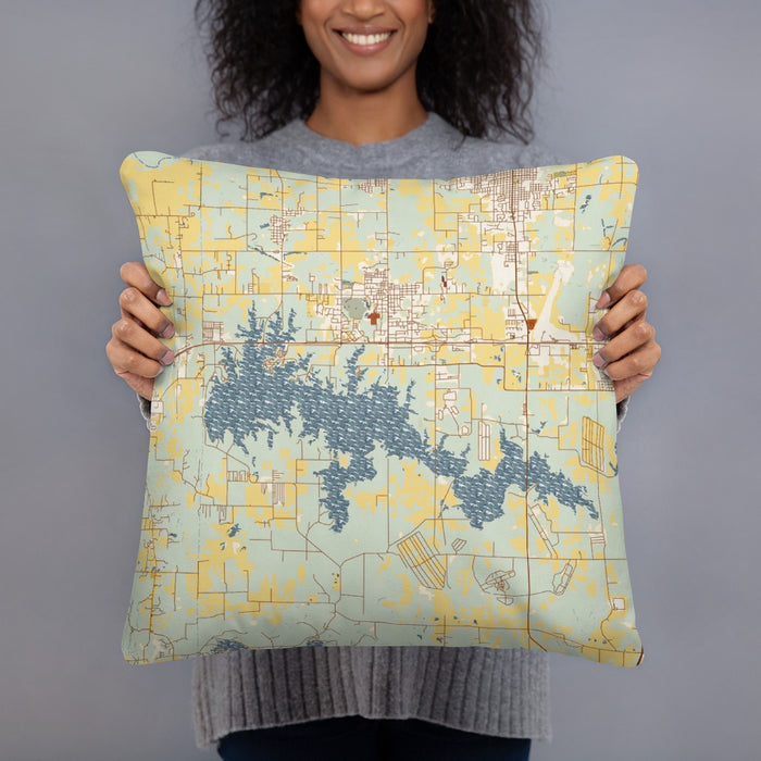 Person holding 18x18 Custom Crab Orchard Lake Illinois Map Throw Pillow in Woodblock