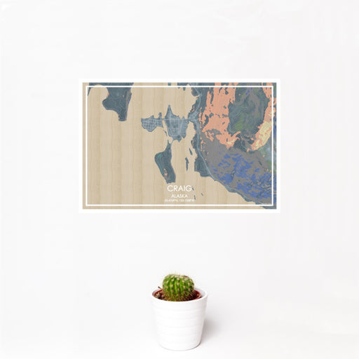 12x18 Craig Alaska Map Print Landscape Orientation in Afternoon Style With Small Cactus Plant in White Planter