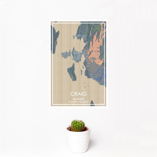 12x18 Craig Alaska Map Print Portrait Orientation in Afternoon Style With Small Cactus Plant in White Planter