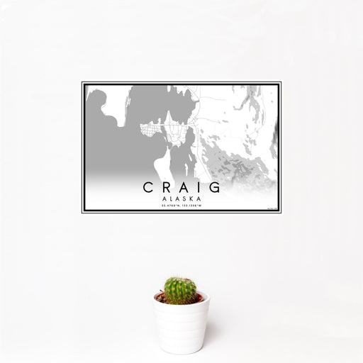 12x18 Craig Alaska Map Print Landscape Orientation in Classic Style With Small Cactus Plant in White Planter