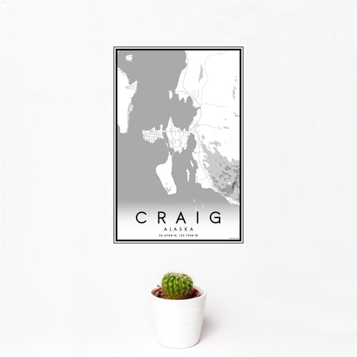 12x18 Craig Alaska Map Print Portrait Orientation in Classic Style With Small Cactus Plant in White Planter