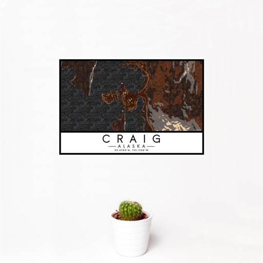 12x18 Craig Alaska Map Print Landscape Orientation in Ember Style With Small Cactus Plant in White Planter