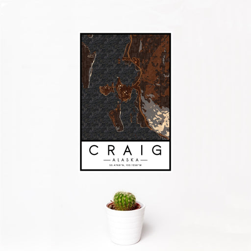 12x18 Craig Alaska Map Print Portrait Orientation in Ember Style With Small Cactus Plant in White Planter