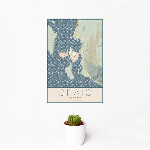 12x18 Craig Alaska Map Print Portrait Orientation in Woodblock Style With Small Cactus Plant in White Planter