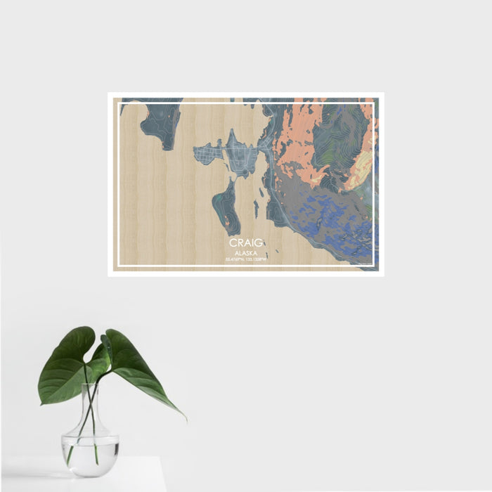 16x24 Craig Alaska Map Print Landscape Orientation in Afternoon Style With Tropical Plant Leaves in Water