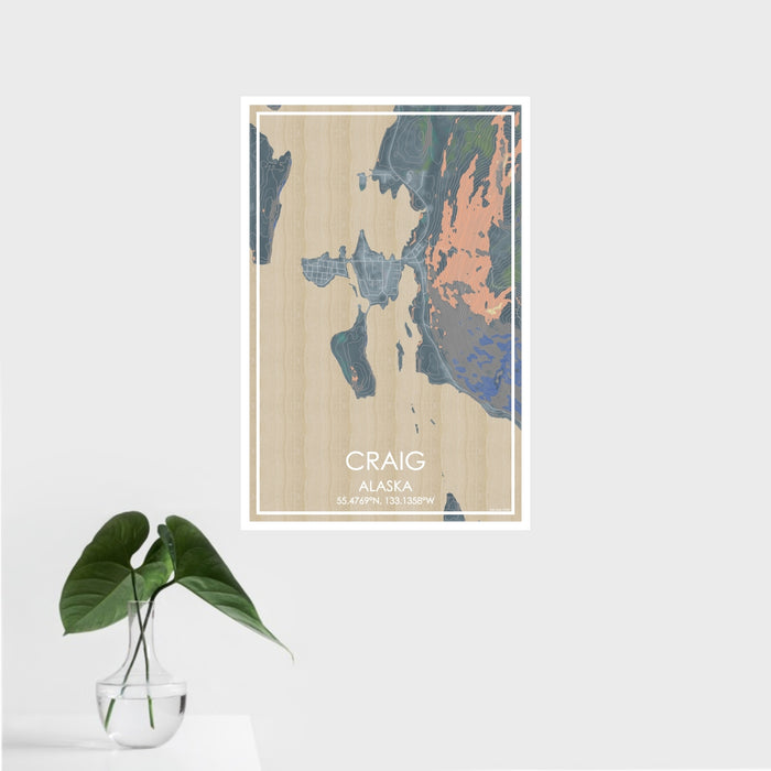16x24 Craig Alaska Map Print Portrait Orientation in Afternoon Style With Tropical Plant Leaves in Water