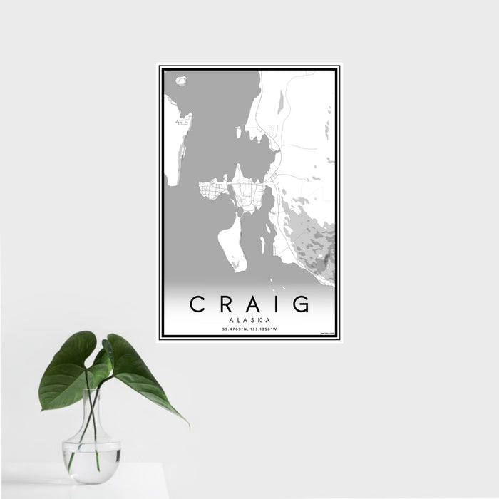 16x24 Craig Alaska Map Print Portrait Orientation in Classic Style With Tropical Plant Leaves in Water