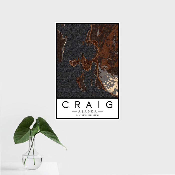 16x24 Craig Alaska Map Print Portrait Orientation in Ember Style With Tropical Plant Leaves in Water