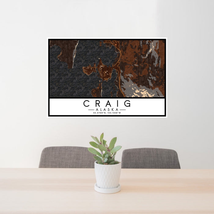 24x36 Craig Alaska Map Print Lanscape Orientation in Ember Style Behind 2 Chairs Table and Potted Plant