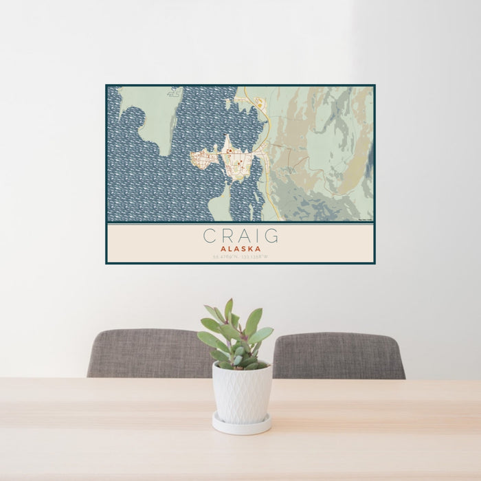 24x36 Craig Alaska Map Print Lanscape Orientation in Woodblock Style Behind 2 Chairs Table and Potted Plant