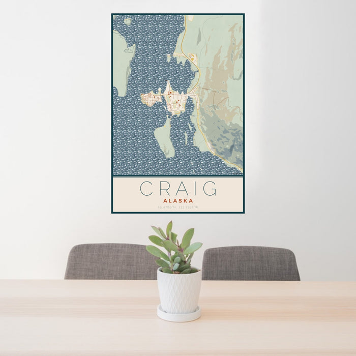 24x36 Craig Alaska Map Print Portrait Orientation in Woodblock Style Behind 2 Chairs Table and Potted Plant