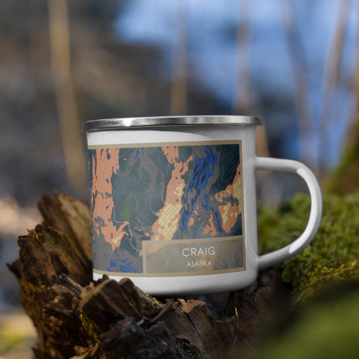 Right View Custom Craig Alaska Map Enamel Mug in Afternoon on Grass With Trees in Background