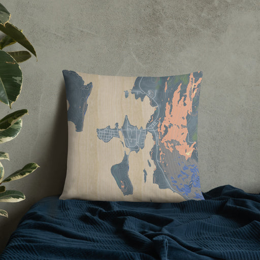 Custom Craig Alaska Map Throw Pillow in Afternoon on Bedding Against Wall