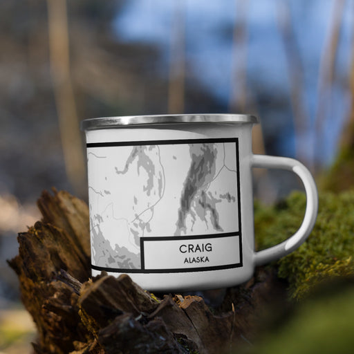 Right View Custom Craig Alaska Map Enamel Mug in Classic on Grass With Trees in Background