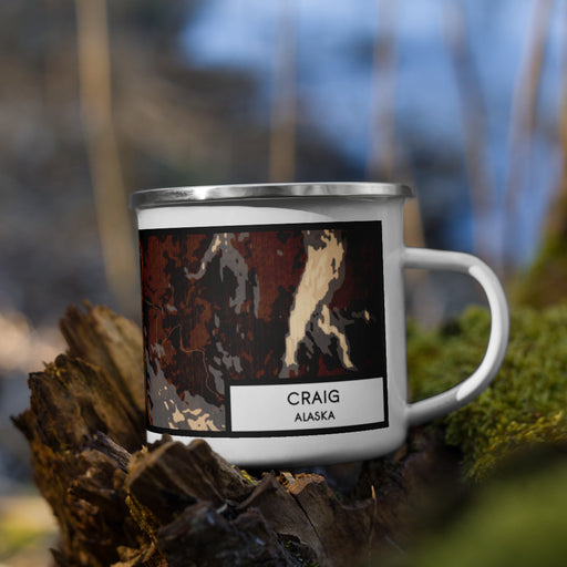 Right View Custom Craig Alaska Map Enamel Mug in Ember on Grass With Trees in Background