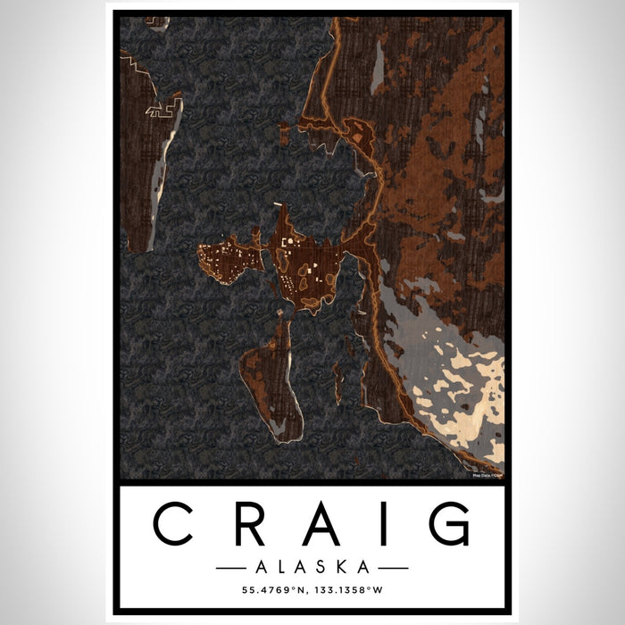 Craig Alaska Map Print Portrait Orientation in Ember Style With Shaded Background