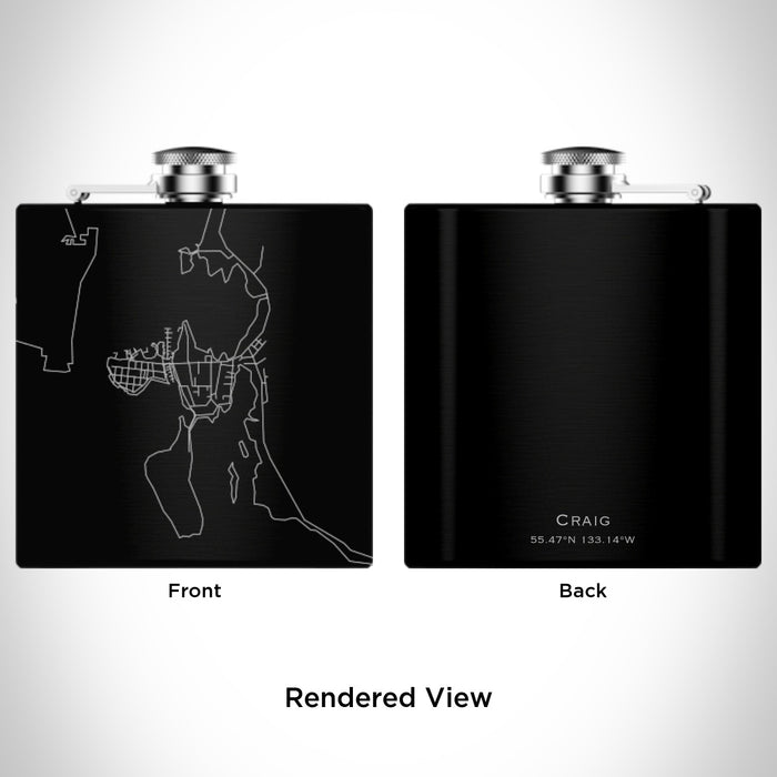 Rendered View of Craig Alaska Map Engraving on 6oz Stainless Steel Flask in Black