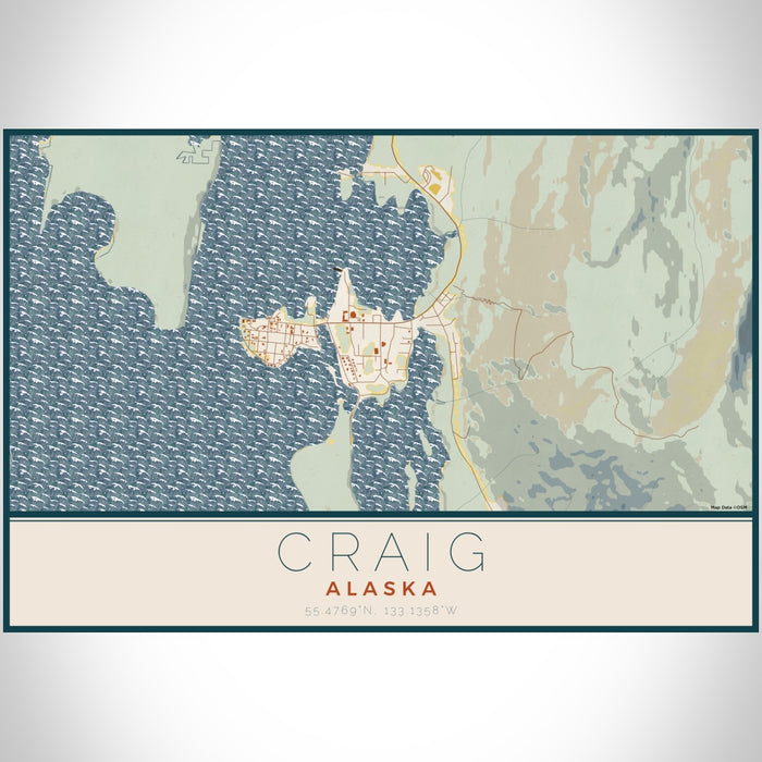 Craig Alaska Map Print Landscape Orientation in Woodblock Style With Shaded Background