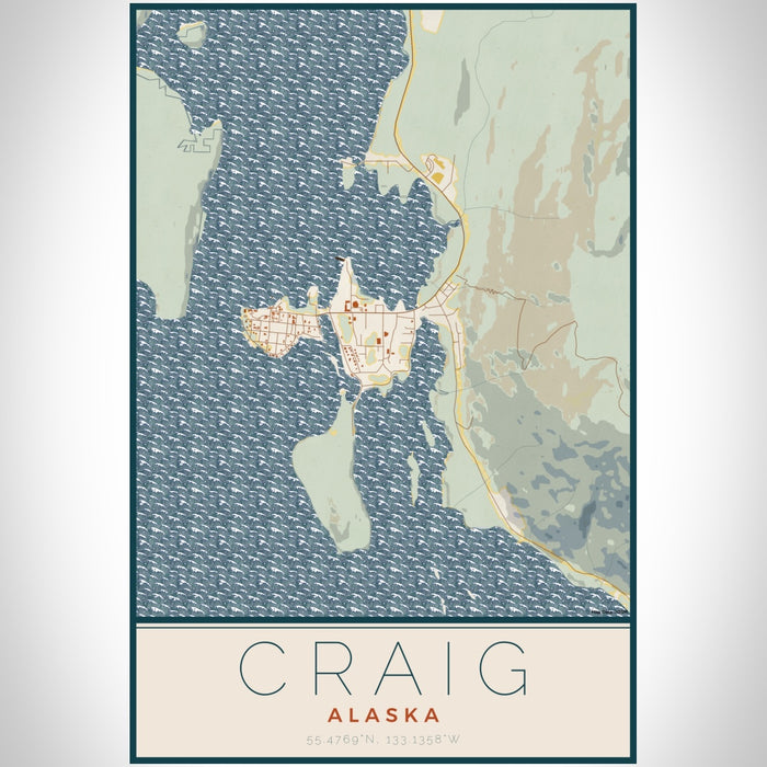 Craig Alaska Map Print Portrait Orientation in Woodblock Style With Shaded Background