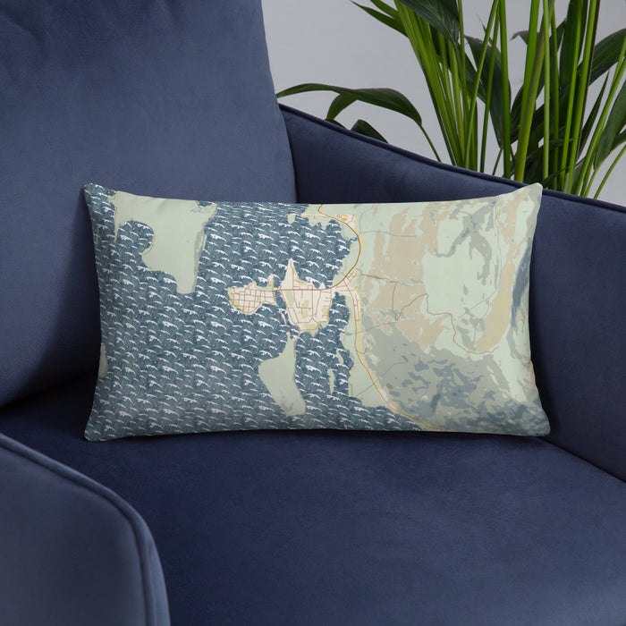 Custom Craig Alaska Map Throw Pillow in Woodblock on Blue Colored Chair