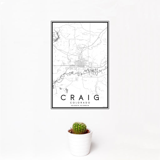 12x18 Craig Colorado Map Print Portrait Orientation in Classic Style With Small Cactus Plant in White Planter