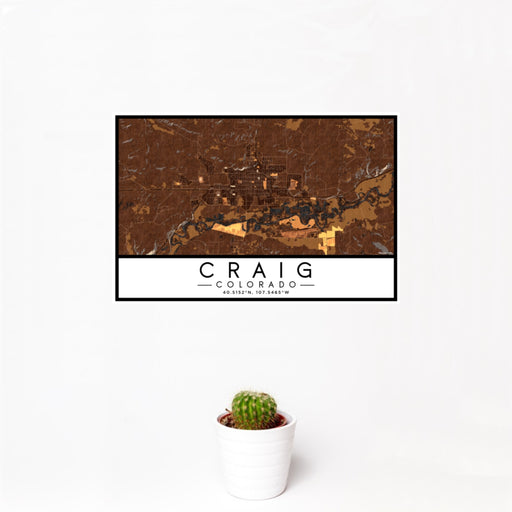 12x18 Craig Colorado Map Print Landscape Orientation in Ember Style With Small Cactus Plant in White Planter