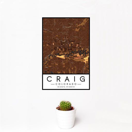 12x18 Craig Colorado Map Print Portrait Orientation in Ember Style With Small Cactus Plant in White Planter