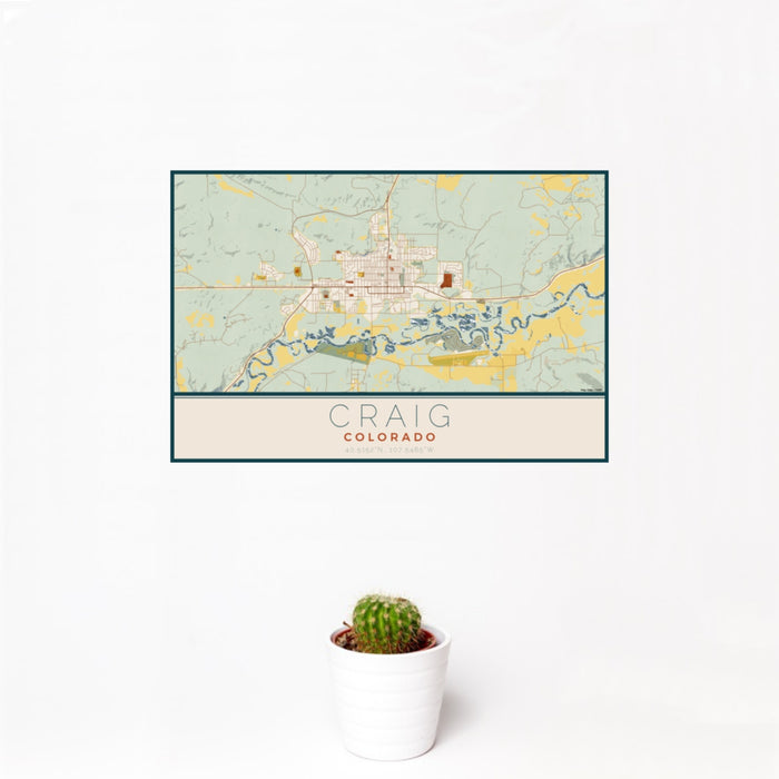 12x18 Craig Colorado Map Print Landscape Orientation in Woodblock Style With Small Cactus Plant in White Planter