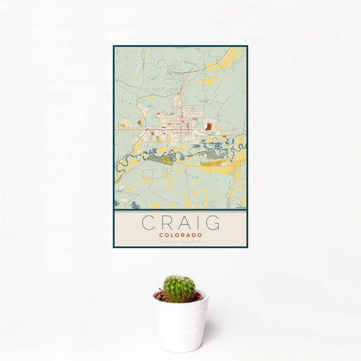 12x18 Craig Colorado Map Print Portrait Orientation in Woodblock Style With Small Cactus Plant in White Planter