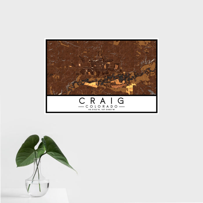 16x24 Craig Colorado Map Print Landscape Orientation in Ember Style With Tropical Plant Leaves in Water