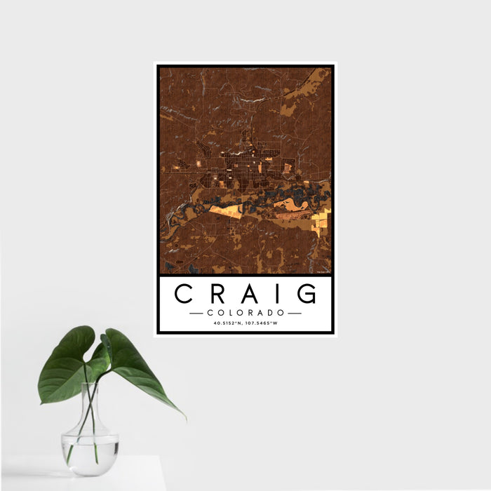 16x24 Craig Colorado Map Print Portrait Orientation in Ember Style With Tropical Plant Leaves in Water