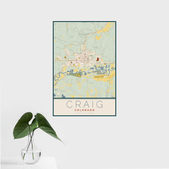 16x24 Craig Colorado Map Print Portrait Orientation in Woodblock Style With Tropical Plant Leaves in Water