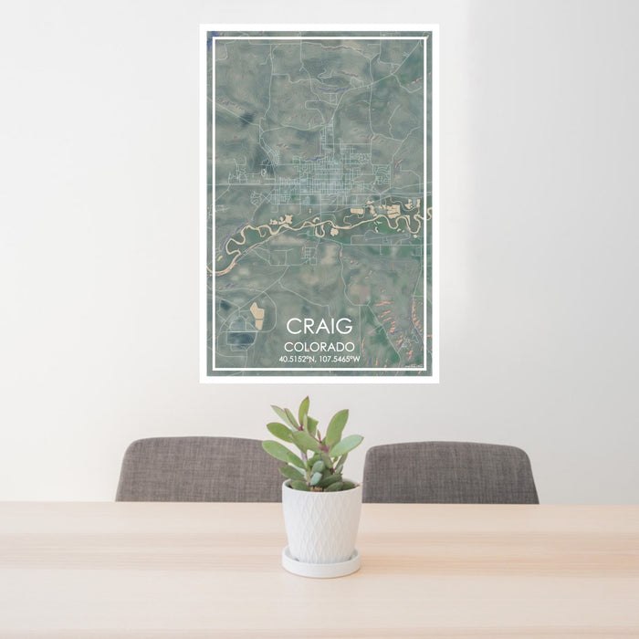24x36 Craig Colorado Map Print Portrait Orientation in Afternoon Style Behind 2 Chairs Table and Potted Plant