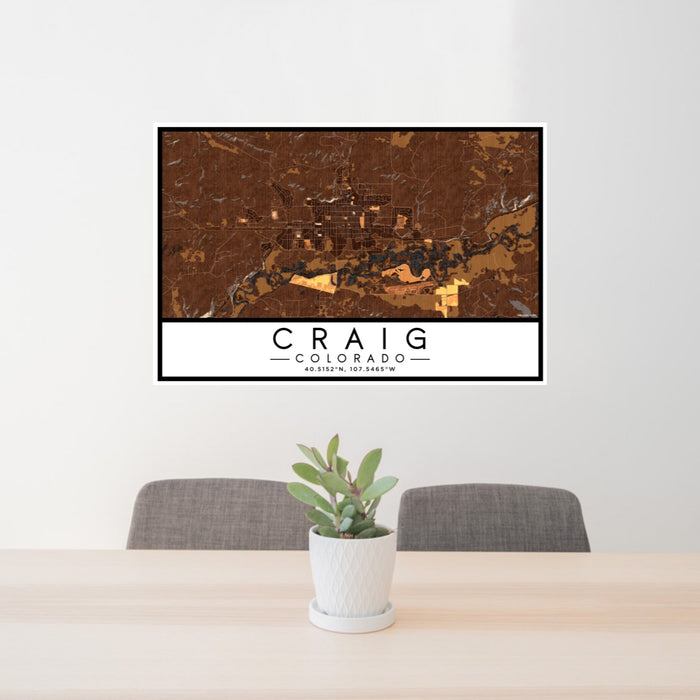 24x36 Craig Colorado Map Print Lanscape Orientation in Ember Style Behind 2 Chairs Table and Potted Plant