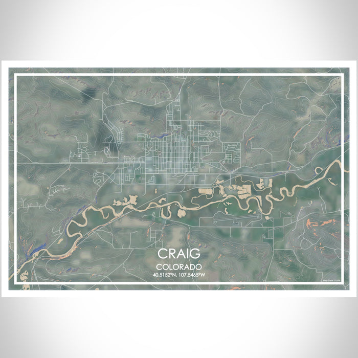 Craig Colorado Map Print Landscape Orientation in Afternoon Style With Shaded Background